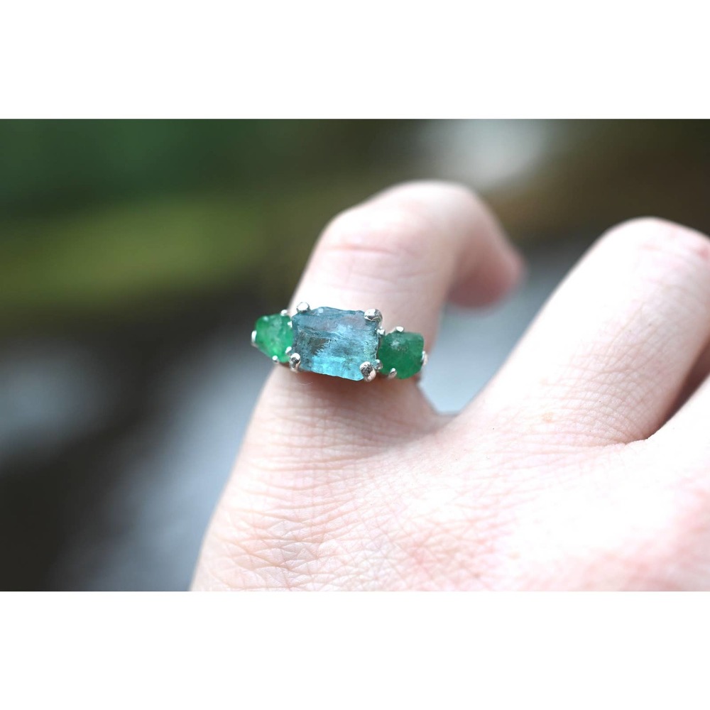 Aquamarine and Emerald engagement ring set size 3 4 5 6 7 8 9 10 11 12 13